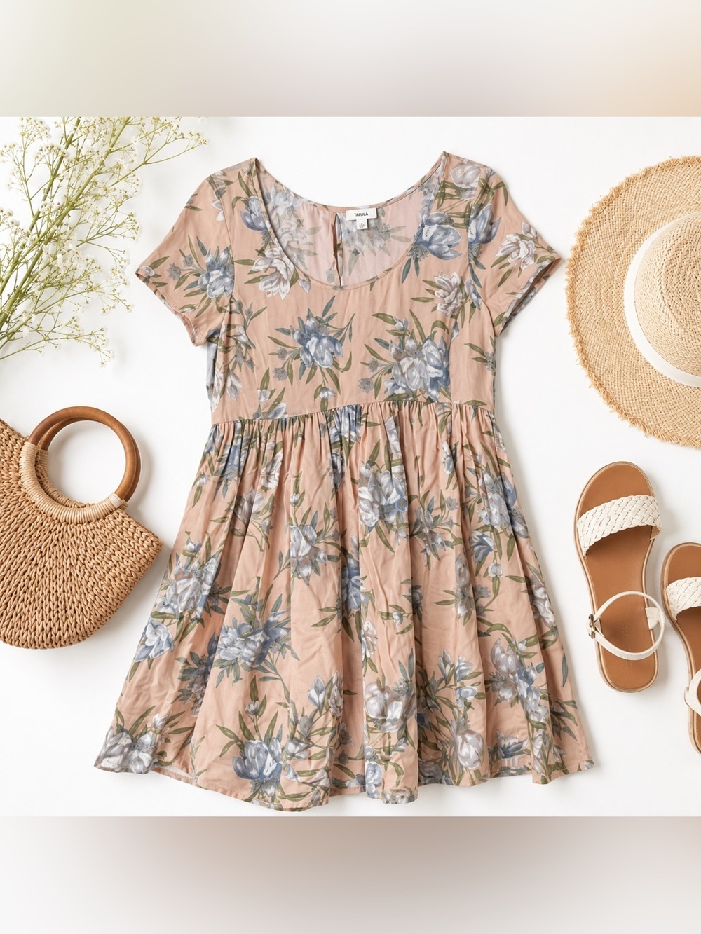 Aritzia Talula Bayberry Floral Babydoll Mini Dress Womens Small Blush Pink Rayon